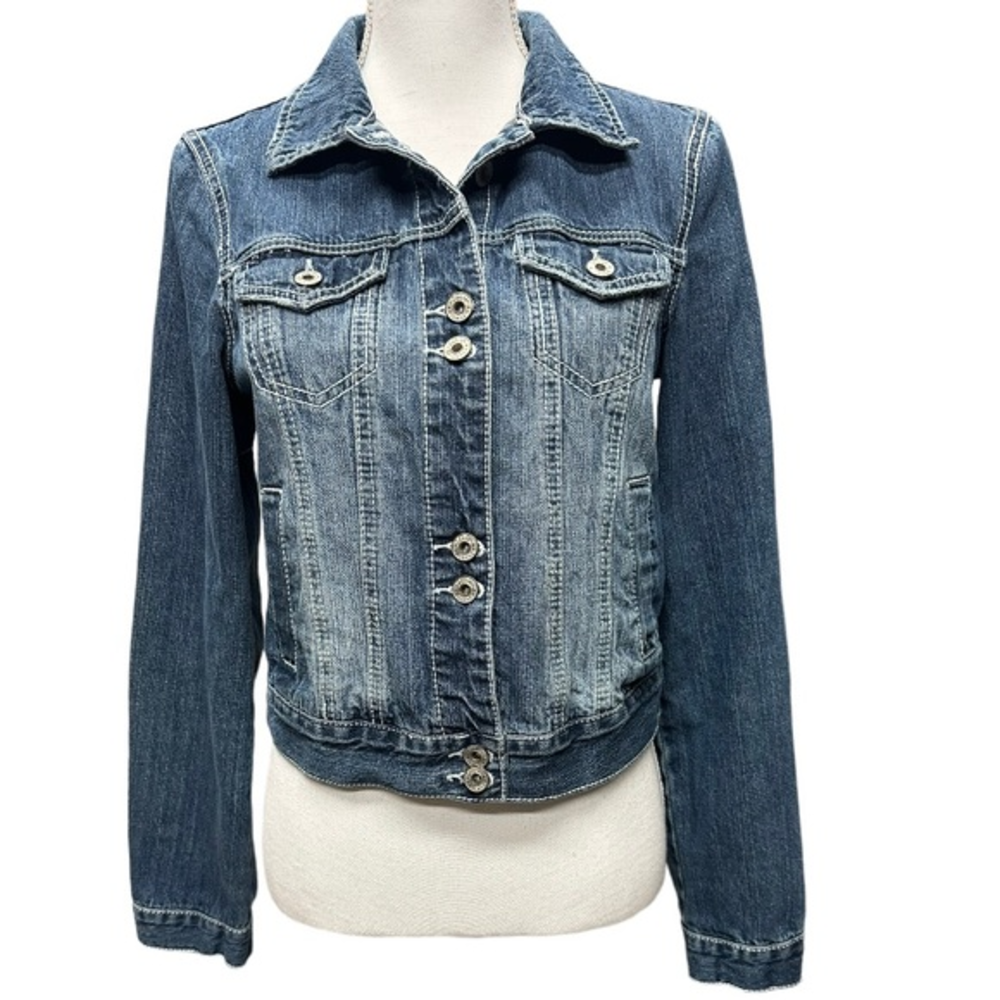 Vanity Denim Jean Jacket Womens Blue‎ White Stitch Button Front Classic Fit Sz M